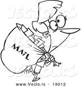 Vector of a Cartoon Mail Woman Carrying a Big Bag - Outlined Coloring Page by Toonaday