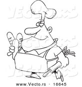 Vector of a Cartoon Male Baker Carrying Bread - Outlined Coloring Page Drawing by Toonaday