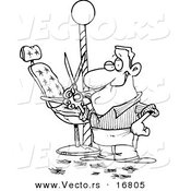 Vector of a Cartoon Male Barber Standing by His Chair and Holding up Scissors - Coloring Page Outline by Toonaday