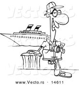 Vector of a Cartoon Male Cruise Tourist Posing by the Boat - Coloring Page Outline by Toonaday