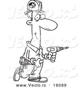 Vector of a Cartoon Male Electrician Carrying a Drill - Outlined Coloring Page Drawing by Toonaday