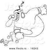 Vector of a Cartoon Male Genie Emerging from a Lamp - Outlined Coloring Page Drawing by Toonaday