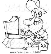Vector of a Cartoon Male Hillbilly Using a Computer - Outlined Coloring Page by Toonaday