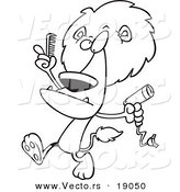 Vector of a Cartoon Male Lion Using a Comb and Blow Dryer on His Mane - Outlined Coloring Page by Toonaday