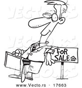 Vector of a Cartoon Male Realtor Leaning on a Sale Sign - Coloring Page Outline by Toonaday