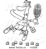 Vector of a Cartoon Male Tennis Player Trying to Hit Balls - Coloring Page Outline by Toonaday