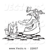 Vector of a Cartoon Man Attacking a Toilet with a Plunger - Coloring Page Outline by Toonaday