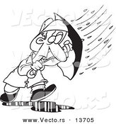 Vector of a Cartoon Man Caught in a Nasty Rain Storm - Coloring Page Outline by Toonaday
