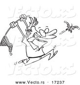 Vector of a Cartoon Man Chasing a Butterfly with a Net - Coloring Page Outline by Toonaday