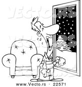 Vector of a Cartoon Man Crying at a Snowy Window - Coloring Page Outline by Toonaday