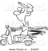 Vector of a Cartoon Man Delivering Pizza on a Scooter - Outlined Coloring Page by Toonaday