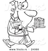 Vector of a Cartoon Man Eating Pancakes and Cracker Jacks for a Midnight Snack - Outlined Coloring Page by Toonaday