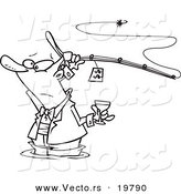 Vector of a Cartoon Man Fancy Fishing with Wine - Outlined Coloring Page by Toonaday
