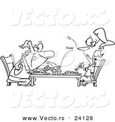 Vector of a Cartoon Man Flicking a Pea at His Wife over Dinner - Coloring Page Outline by Toonaday