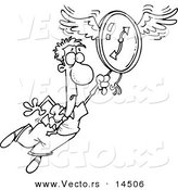 Vector of a Cartoon Man Flying Away with a Clock - Coloring Page Outline by Toonaday