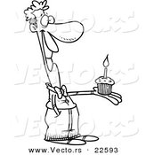 Vector of a Cartoon Man Holding a Birthday Cupcake - Coloring Page Outline by Toonaday