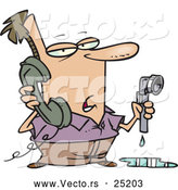Vector of a Cartoon Man Holding a Broken Water Pipe While Calling a Plumber by Toonaday