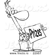 Vector of a Cartoon Man Holding a Prizes Sign - Coloring Page Outline by Toonaday