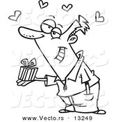 Vector of a Cartoon Man Holding a Valentines Day Gift - Coloring Page Outline by Toonaday