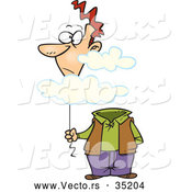 Vector of a Cartoon Man Holding His Floating Balloon Head in Clouds by Toonaday