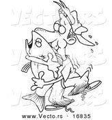 Vector of a Cartoon Man Hugging a Bass Fish - Coloring Page Outline by Toonaday