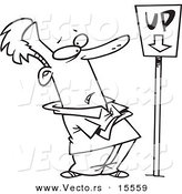 Vector of a Cartoon Man Looking at an up Sign Pointing down - Coloring Page Outline by Toonaday