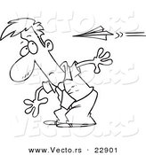 Vector of a Cartoon Man Moving to Avoid a Paper Plane - Coloring Page Outline by Toonaday