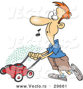 Vector of a Cartoon Man Mowing Lawn While Whistling by Toonaday