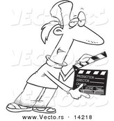 Vector of a Cartoon Man Presenting Take 2 with a Clapper - Coloring Page Outline by Toonaday