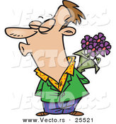 Vector of a Cartoon Man Puckering Lips for a Kiss While Hiding Bouquet of Flowers Behind His Back by Toonaday