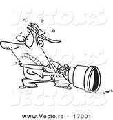 Vector of a Cartoon Man Pulling a Big Lens - Coloring Page Outline by Toonaday