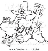 Vector of a Cartoon Man Pushing His Pregnant Wife on a Dolly - Outlined Coloring Page by Toonaday