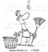 Vector of a Cartoon Man Raking Leaves, Watching yet Another Fall - Outlined Coloring Page by Toonaday
