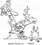 Vector of a Cartoon Man Roasting Marshmallows and Catching His Hat on Fire - Outlined Coloring Page by Toonaday