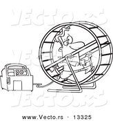 Vector of a Cartoon Man Running in a Wheel to Power a Generator - Coloring Page Outline by Toonaday