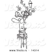 Vector of a Cartoon Man Sitting on a Stool and Wearing a Thinking Cap - Coloring Page Outline by Toonaday