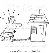Vector of a Cartoon Man Tied to a House with a Mortgage Chain - Outlined Coloring Page by Toonaday