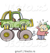 Vector of a Cartoon Man Trying to Figure out How to Fix Flat Tire on a Monster Truck by Gnurf