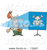 Vector of a Cartoon Man Turning Projector on and Seeing a Skull on a Blue Screen by Toonaday