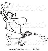Vector of a Cartoon Man Using a Garden Hose - Outlined Coloring Page by Toonaday
