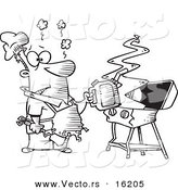 Vector of a Cartoon Man Using a Gas Can to Ignite His Bbq - Outlined Coloring Page Drawing by Toonaday