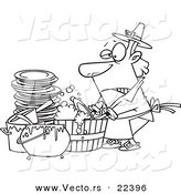Vector of a Cartoon Man Washing Dishes in a Barrel - Coloring Page Outline by Toonaday