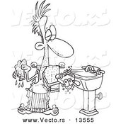 Vector of a Cartoon Man Washing His Hands with Soap and a Wash Cloth - Coloring Page Outline by Toonaday