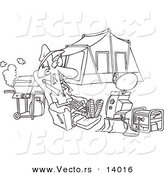 Vector of a Cartoon Man Watching Tv Hooked up to a Generator at His Camp Site - Coloring Page Outline by Toonaday
