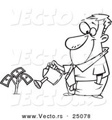 Vector of a Cartoon Man Watering His Money Plant - Outlined Coloring Page by Toonaday