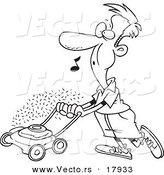 Vector of a Cartoon Man Whistling and Mowing His Lawn - Outlined Coloring Page by Toonaday