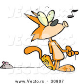 Vector of a Cartoon Marmalade Cat Whistling and Pulling a Mouse Toy by Toonaday