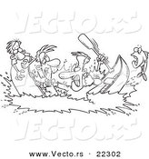 Vector of a Cartoon Men in a Canoe War - Coloring Page Outline by Toonaday