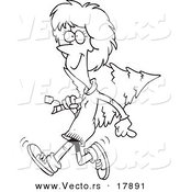 Vector of a Cartoon Merry Woman Carrying a Christmas Tree - Outlined Coloring Page by Toonaday