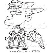 Vector of a Cartoon Messy Boy Eating Pizza - Coloring Page Outline by Toonaday